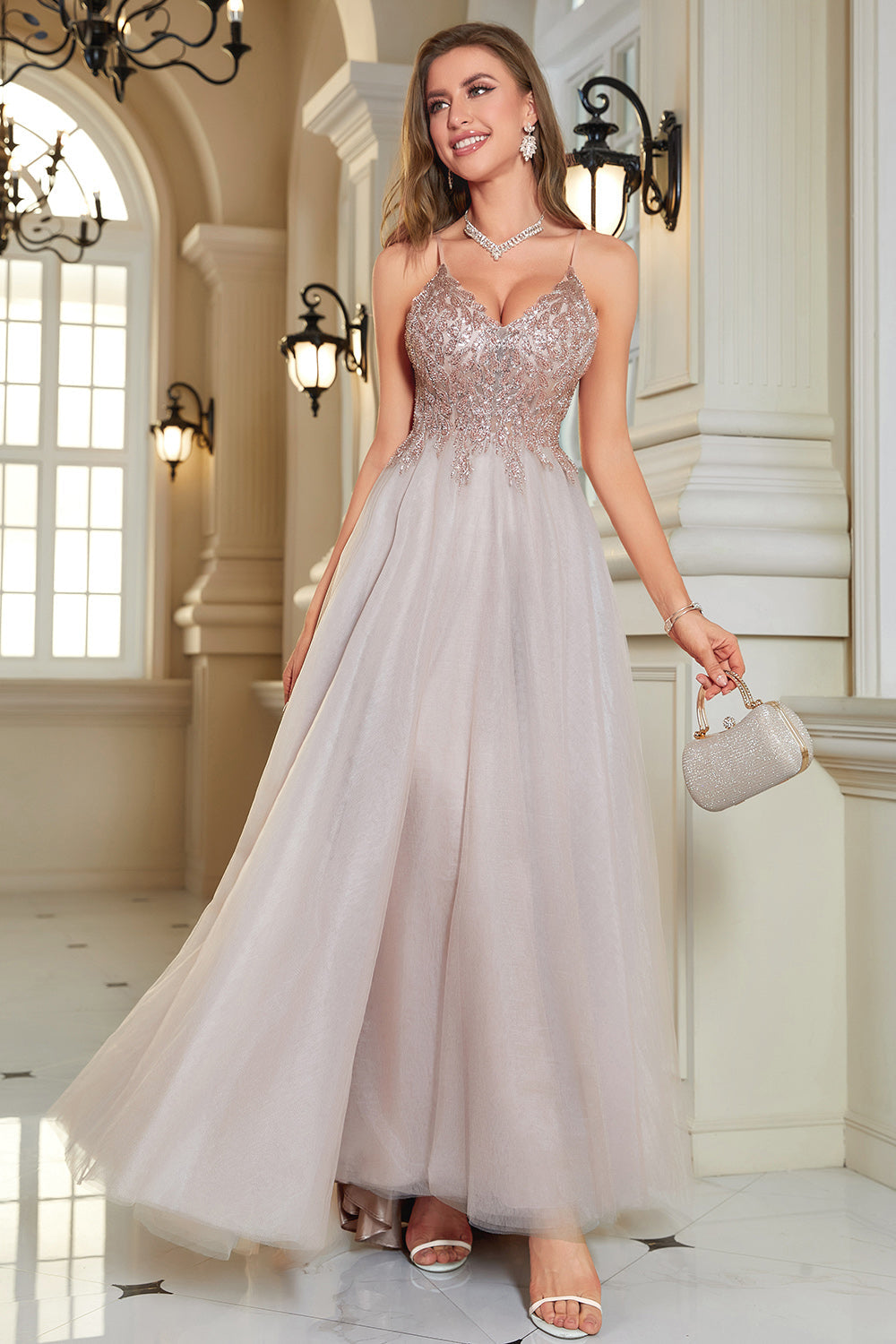 Glitter Blush A-Line Tulle Long Ball Dress with Lace