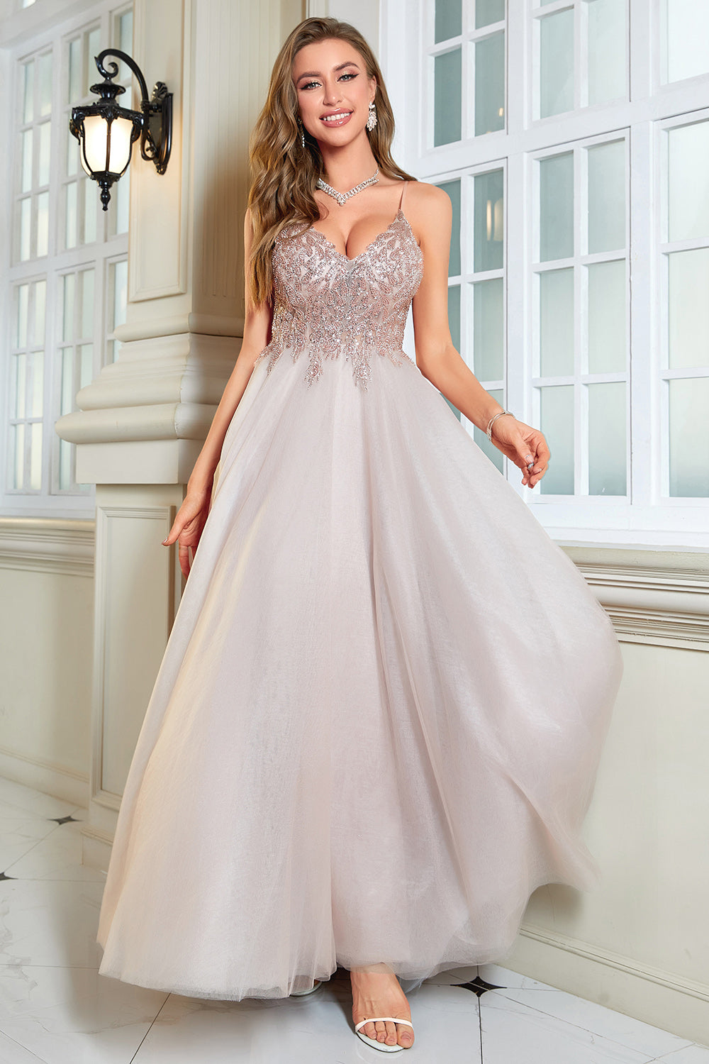 Glitter Blush A-Line Tulle Long Ball Dress with Lace