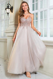 Glitter Blush A-Line Tulle Long Ball Dress with Lace