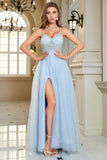 Light Blue A-Line Corset Long Backless Ball Dress