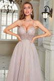 Sparkly Blush Beaded A-Line Long Ball Dress