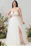 Ivory A Line Spaghetti Straps Tulle Wedding Dress with Slit