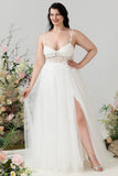 Ivory A Line Spaghetti Straps Tulle Wedding Dress with Slit
