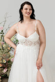 Ivory A Line Spaghetti Straps Tulle Wedding Dress with Slit