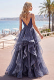 Dusty Blue A Line Ruffled Spaghetti Straps Long Ball Dress