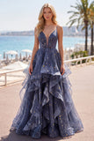 Dusty Blue A Line Ruffled Spaghetti Straps Long Ball Dress