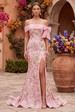 Off the Shoulder Mermaid Floral Embroidery Pink Prom Dress with Side Slit