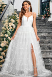 White A Line V Neck Tulle Long Ball Dress with Slit