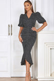 Black Bodycon V Neck Polka Dot Ruched Ball Dress with Puff Sleeves