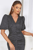 Black Bodycon V Neck Polka Dot Ruched Ball Dress with Puff Sleeves