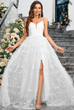 White A Line V Neck Tulle Long Ball Dress with Slit