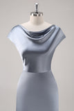 Grey Blue Satin Cowl Collar Bridesmaid Dress with Cape Sleeves