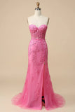 Pink Mermaid  Sweetheart Corset Lace Long Prom Dress