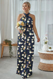 Sheath Halter Blue White Flower Plus Size Printed Long Bridesmaid Dress