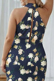Sheath Halter Blue White Flower Plus Size Printed Long Bridesmaid Dress