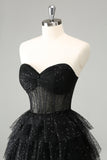 Sparkly A Line Black Sweetheart Tiered Corset Cute Homecoming Dress