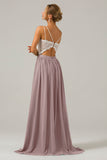 Dusty Blue Open Back Boho Chiffon Long Bridesmaid Dress with Lace