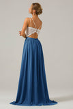 Dusty Blue Open Back Boho Chiffon Long Bridesmaid Dress with Lace