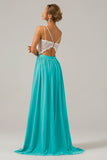 Lvory Open Back Boho Chiffon Long Bridesmaid Dress with Lace