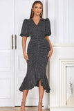 Black Bodycon V Neck Polka Dot Ruched Ball Dress with Puff Sleeves