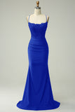 Royal Blue Mermaid Halter Beaded Ball Dress with Appliques