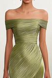 Metallic Satin Green Off The Shoulder Sheath Red Carpet Dress