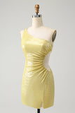 Stylish Yellow Bodycon One Shoulder Short Homecoming Dress with Hollow Out