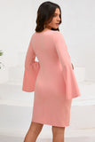 Bodycon Pink Round Neck Midi Cocktail Dress with Long Sleeves