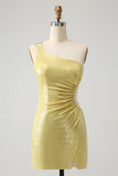 Stylish Yellow Bodycon One Shoulder Short Homecoming Dress with Hollow Out