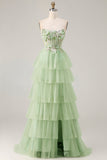 Strapless Green A Line Corset Tiered Ruffle Tulle Long Ball Dress with Slit
