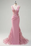 Mermaid Taro V-Neck Ruched Long Ball Dress with Appliqued 3D Flowers