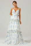White Blue Flower A Line Long Tulle Bridesmaid Dress with Ruffles