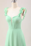 Green A Line Off The Shoulder Corset Bridesmaid Dress With Ruffles