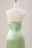 Green Sheath Corset Strapless Long Bridesmaid Dress With Slit