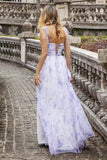 Lavender Flower Spaghetti Straps A Line Long Bridesmaid Dress with Slit