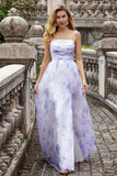 Lavender Flower Spaghetti Straps A Line Long Bridesmaid Dress with Slit