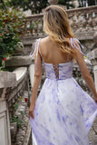 Lavender Flower A Line Spaghetti Straps Long Bridesmaid Dress with Slit