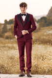 3 Pieces Peak Lapel Burgundy Men's Prom Suits