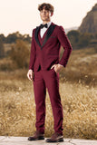 3 Pieces Peak Lapel Burgundy Men's Prom Suits