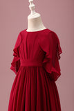 Burgundy A-Line Round Neck Chiffon Half Sleeves Long Junior Bridesmaid Dress