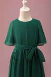 Dark Green A-Line Round Neck Chiffon High Low Junior Bridesmaid Dress