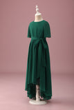 Dark Green A-Line Round Neck Chiffon High Low Junior Bridesmaid Dress