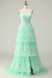 Green A Line Sweetheart Corset Tiered Ruffled Long Prom Dress with Sequins