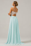 Lvory Open Back Boho Chiffon Long Bridesmaid Dress with Lace