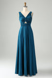 Ink Blue A Line V Neck Keyhole Pleated Long Bridesmaid Dress