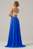 Royal Blue Open Back Boho Chiffon Long Bridesmaid Dress with Lace