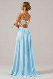 Royal Blue Open Back Boho Chiffon Long Bridesmaid Dress with Lace