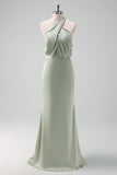 Dusty Sage Sheath Halter Neck Satin Long Bridesmaid Dress