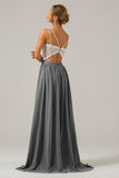 Steel Grey Open Back Boho Chiffon Long Bridesmaid Dress with Lace