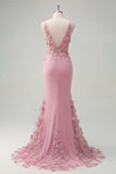 Mermaid Taro V-Neck Ruched Long Ball Dress with Appliqued 3D Flowers